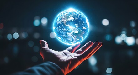 Hand Holding Glowing Earth Globe With City Lights At Night planet world