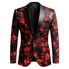 A black and red floral suit with a matching black shirt and pants, presenting a sophisticated and modern look, isolated on transparent background