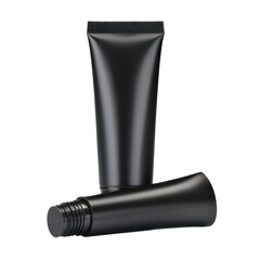 A sleek black tube with a matching black lid placed on a neutral gray background surface, isolated on transparent background