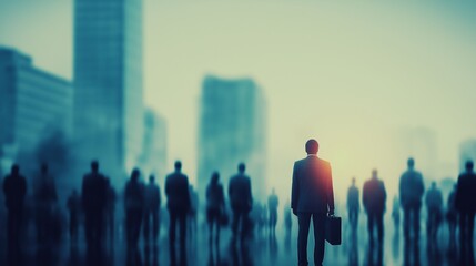 Fototapeta premium Lone Businessman Amid Blurred Urban Crowd