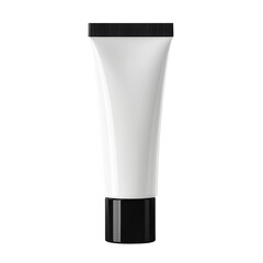 A sleek black tube with a matching black lid placed on a neutral gray background surface, isolated on transparent background