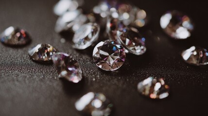 Sparkling diamonds on dark surface. AI image