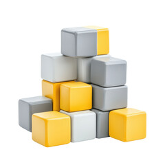 A tower of blocks in yellow and gray, stacked in a balanced formation, isolated on transparent background