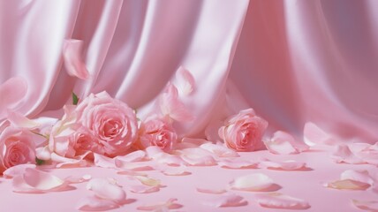 Elegant pink roses on soft fabric with petals. AI image