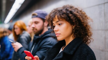 Fototapeta premium Woman Using Phone on Subway Platform