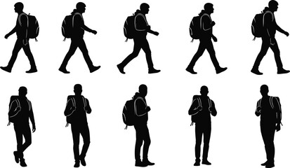 Male traveler walking silhouette with backpack, student hiker commuter, isolated vector illustration, urban journey, outdoor adventure lifestyle design