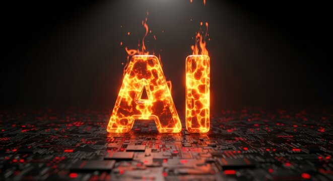 Fiery lava letters glow atop a circuit board evoking themes of technological power and digital transformation with vibrant intensity