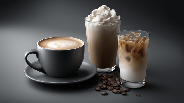 Trio of coffee drinks: hot cup, glass latte, and frozen coffee - Powered by Adobe