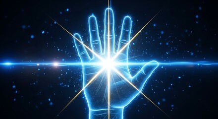 Glowing Human Hand with Bright Starburst and Particles light energy