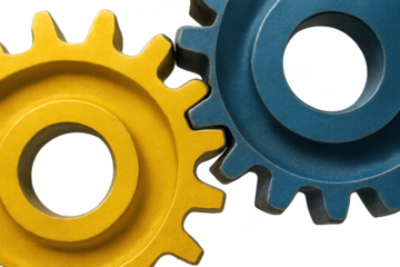 Two metal gears, one yellow and one blue, connecting and meshing together, symbolizing business teamwork and collaboration