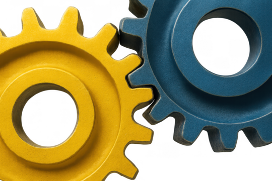 Two metal gears, one yellow and one blue, connecting and meshing together, symbolizing business teamwork and collaboration