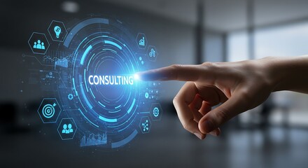 Closeup of a finger touching a futuristic holographic interface displaying the word consulting with various icons