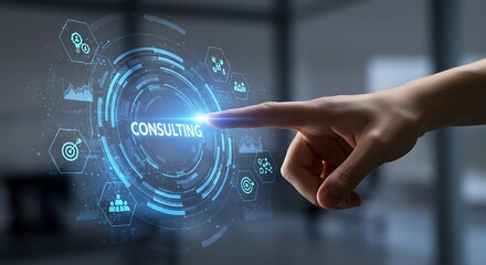 Hand touching a futuristic holographic interface with the word consulting in the center, surrounded by icons representing business and technology