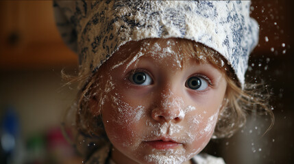Ai young child covered in flour while preparing food in a cozy kitchen during daytime