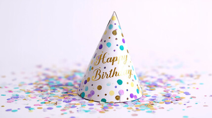 Ai colorful birthday party hat with confetti, celebrating a joyful occasion with vibrant decorations