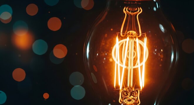 Close-up of a Glowing Edison Light Bulb with Bokeh Effect Keywords: light bulb, Edison bulb