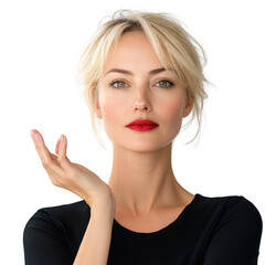 A woman with wavy blonde hair and vivid red lips stands confidently, emphasizing her fashionable look, isolated on transparent background
