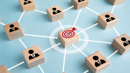 Connected Wooden Blocks Symbolizing Teamwork and Shared Goals with a Target Block in the Center Representing Success