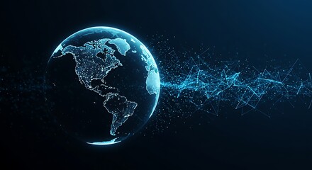 Abstract digital earth with glowing network connections and light particles emanating from the planet on a dark background, symbolizing data flow