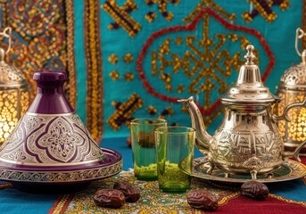 Festive Moroccan Tea Setting with Tagine and Lanterns