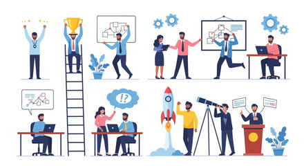 Vector illustration of various business people involved in various teamwork activities.