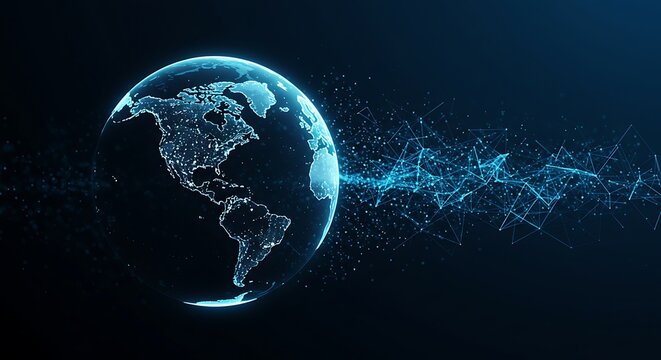 Abstract digital earth with glowing network connections and light particles emanating from the planet on a dark background, symbolizing data flow