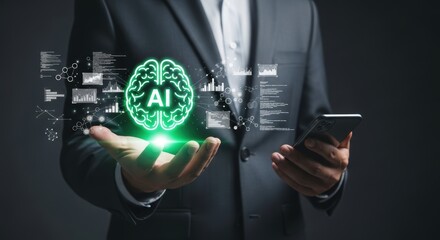 Businessman holds glowing green brain icon with data analysis graphs representing artificial intelligence and future technology concept