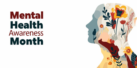Mental health awareness month concept with a human head silhouette filled with blooming flowers and plants