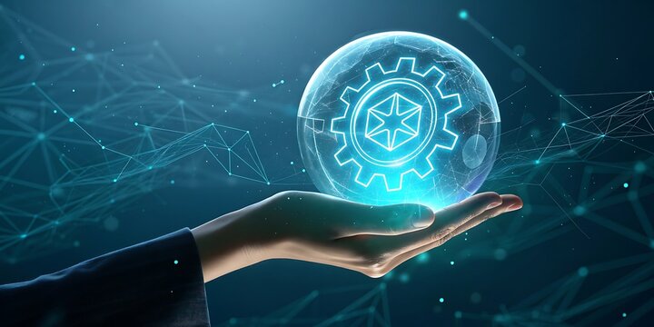 Hand holding glowing orb with gear and star representing technology and innovation in the digital world future concept