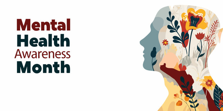 Mental health awareness month concept with a human head silhouette filled with blooming flowers and plants