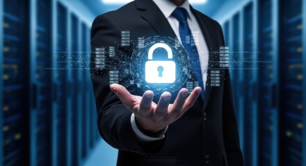 Businessman holds glowing padlock representing cyber security and data protection in server room ensuring confidential information safeguard