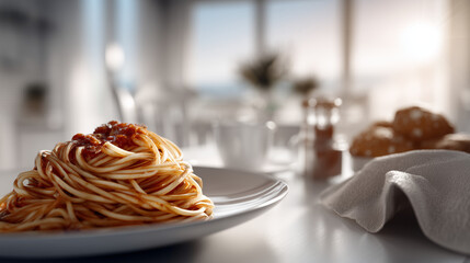 Spaghetti al pomodoro plated on restaurant table