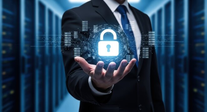 Businessman holds glowing padlock representing cyber security and data protection in server room ensuring confidential information safeguard