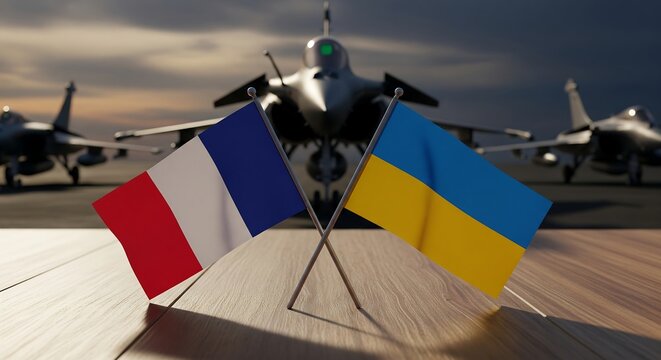 France and Ukraine support each other with fighter jets, showing unity and strength, symbolizing collaboration in modern world affairs and defense cooperation