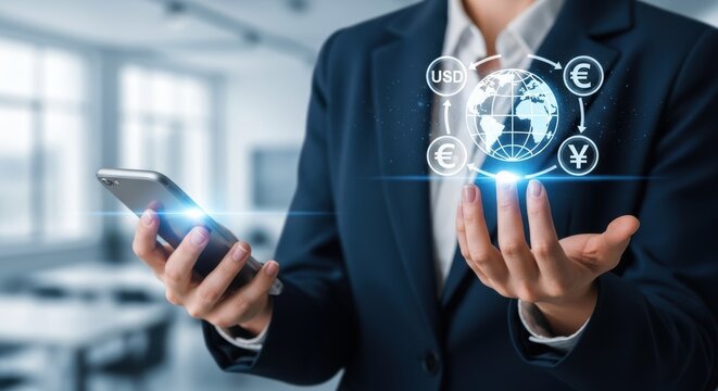 Global finance connection shows business person holding phone displaying currency symbols like USD Euro Yen connected to world globe