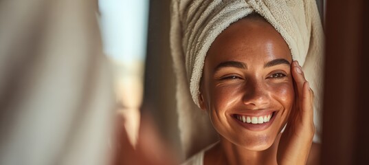 Woman Smiling in Mirror Applying Natural Face Mask at Home
