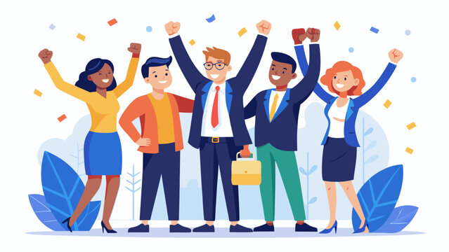 Diverse group of business professionals celebrating success with raised arms and confetti falling around them - Powered by Adobe