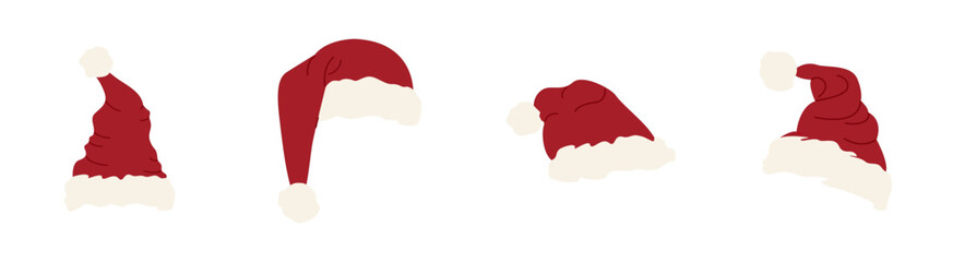 A set of red Santa hats of various shapes on a white background. A festive Christmas headdress with white fur trim and a pom-pom. A traditional Christmas element.