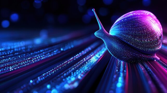 Abstract glowing snail navigates through digital data streams in neon light