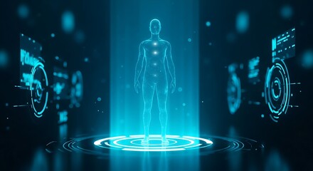 Futuristic human body scan with glowing blue digital interface image photo