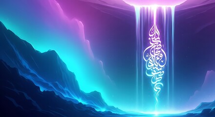 Mystical Waterfall With Arabic Calligraphy In A Colorful Landscape stock