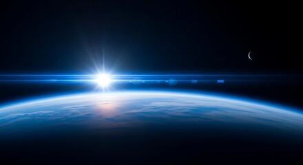 Sunrise Over Earth Horizon With Lens Flare And Moon 1808f0865f608ab9e6b41bd8e369d381dr