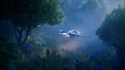 Sci-fi aircraft soaring through lush forest. AI image