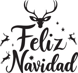 Fototapeta premium Feliz Navidad festive vector with deer silhouette stars and flying reindeer in decorative black and white design