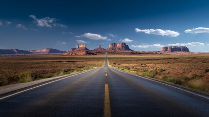 Fototapeta premium Endless road to monument valley at sunset. AI image