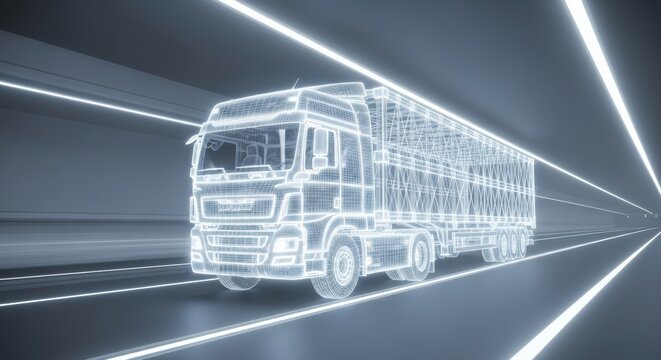 Futuristic transparent truck travels through bright illuminated tunnel symbolizing modern transportation and logistics technology