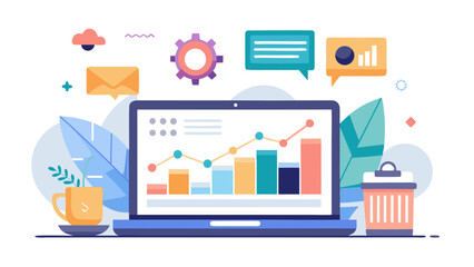 Digital marketing analytics and business growth represented by a laptop displaying charts and graphs