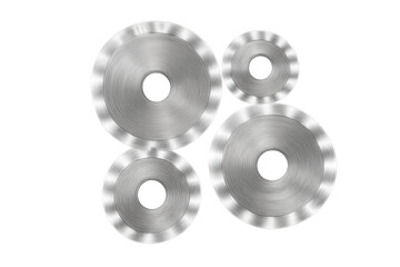 Grouping of shiny metal circular saw blades and abrasive cutting discs for industrial use. Transparent background