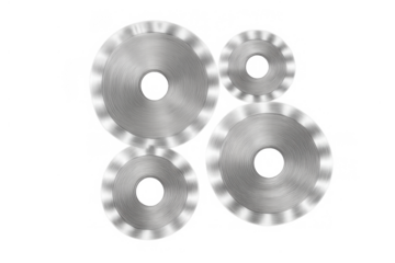 Grouping of shiny metal circular saw blades and abrasive cutting discs for industrial use. Transparent background