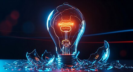 Broken Incandescent Light Bulb with Glowing Filament and Glass Shards shattered